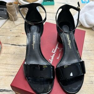 Salvatore Ferragamo Black Patent Leather Block Heel Sandals